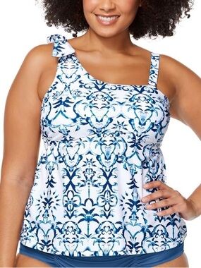 NWT Raisins Curve Marita Printed Blue/White Tankini Top Size 14W